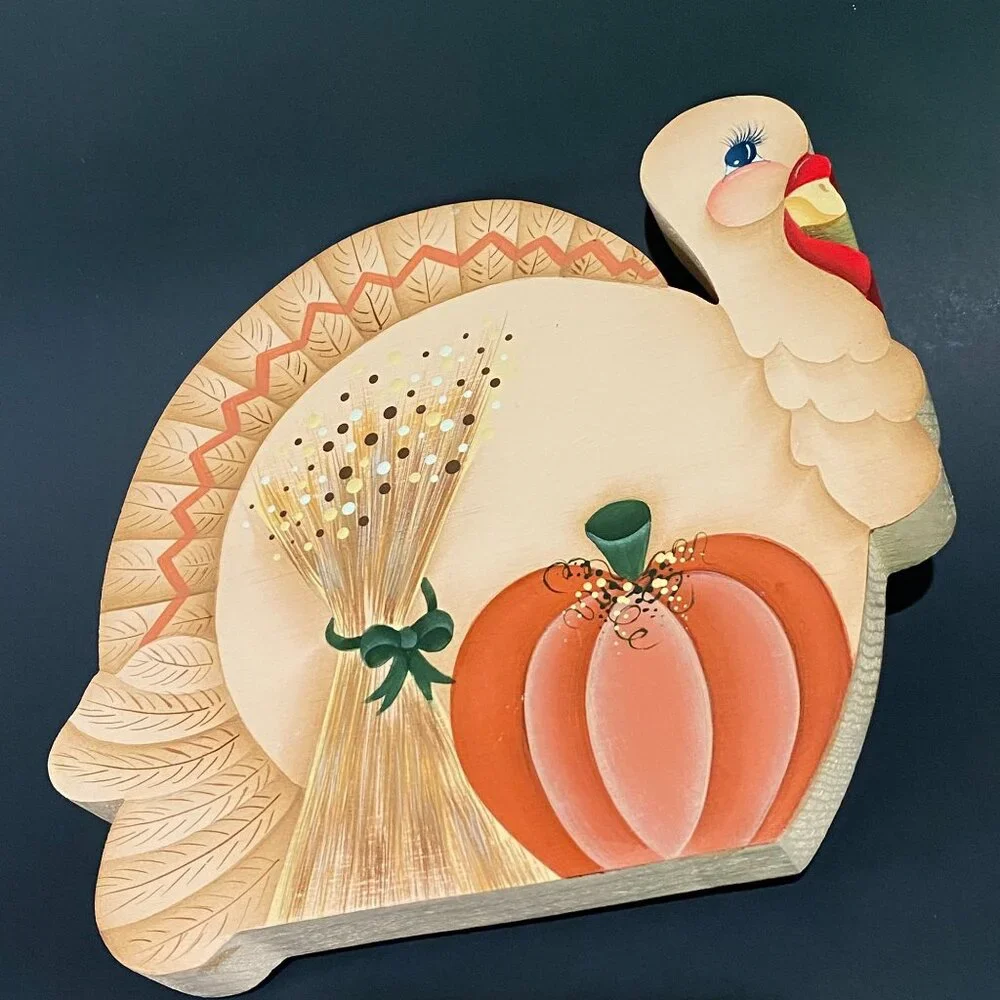 vintage Americana hand painted wooden cookie jar lids/decor‎ turkey fall pumpkin